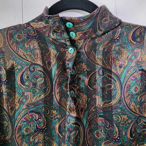 Petite Sophisticate Vintage 80s 90s Paisley Blouse Office Retro Medium Green - Picture 2 of 9